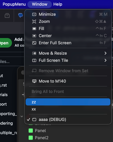 Custom options added to the system Window menu on macOS