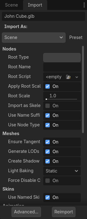 Import dock after selecting a 3D scene in the FileSystem dock