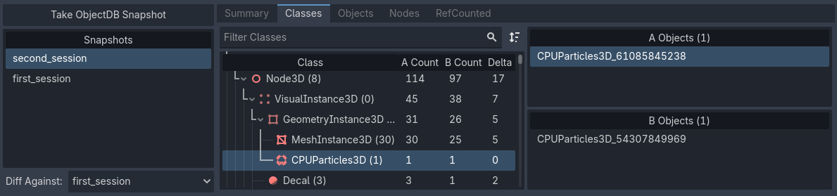 Two snapshots being compared in the Classes tab. Here, column A is ``second_session``, column B is ``first_session``