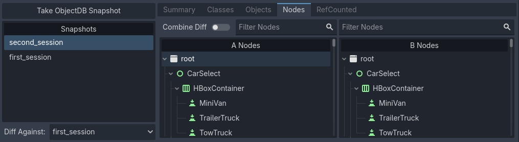 Separate diff view in the Nodes tab
