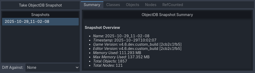 ObjectDB profiler summary with one snapshot taken